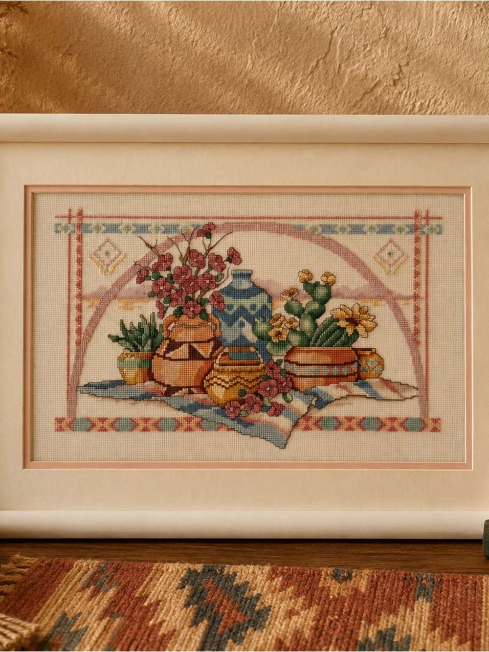 Framed Cross-Stitch Still Life with Vases and Flowers - Multicolor